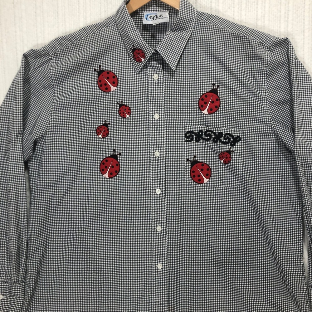 Las Olas Button Up Shirt Ladybug Gingham Long Sleeve Top XL